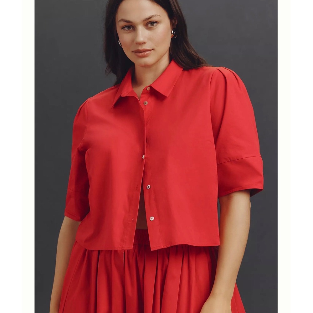 MAEVE Lantern-Sleeve Blouse Red Plus Size 1X NEW Cotton Poplin Cropped Shirt